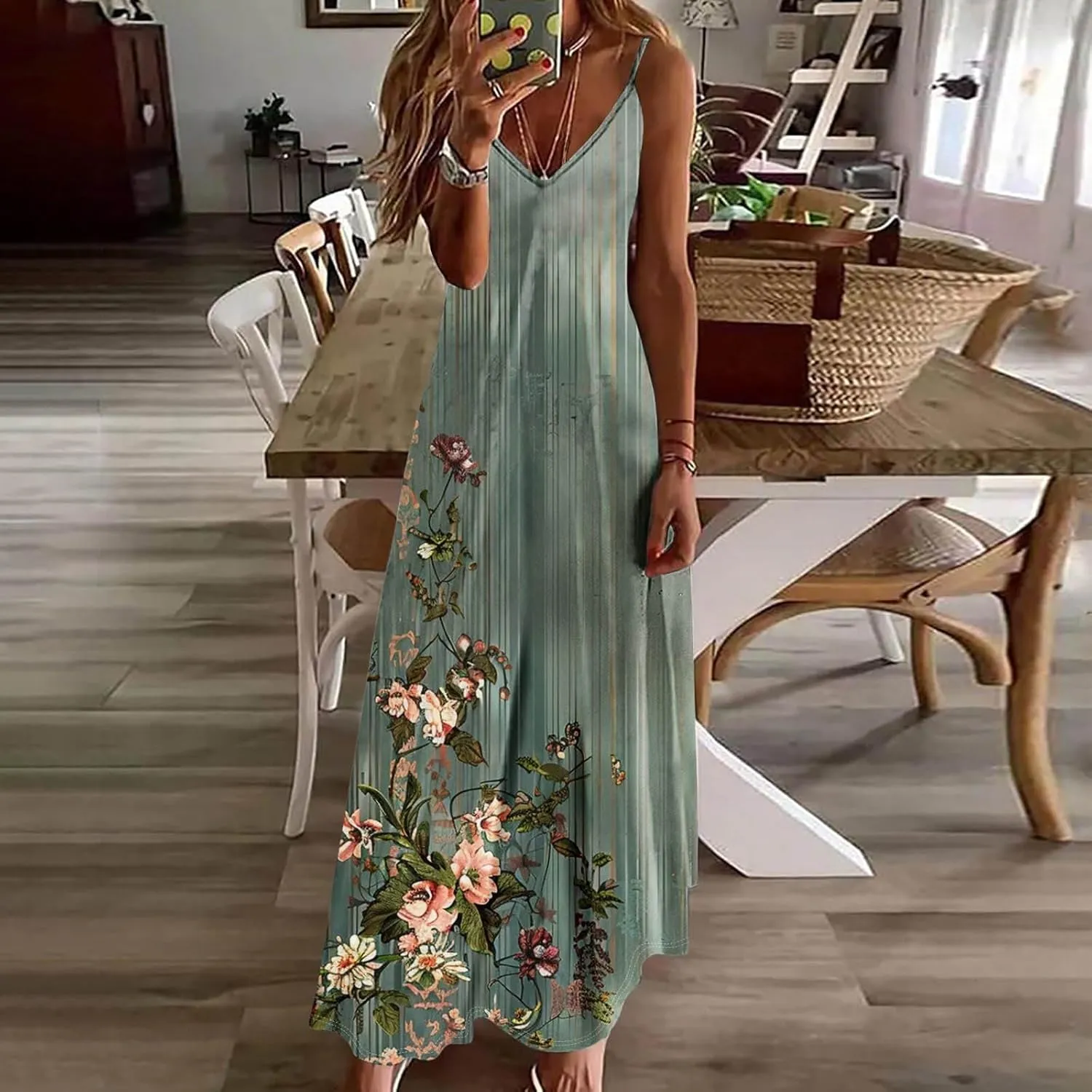 Women Floral Spaghetti Strap Sundress 2025 Spring Summer Spaghetti Straps V-Neck Plus Size Loose Casual Maxi Dress