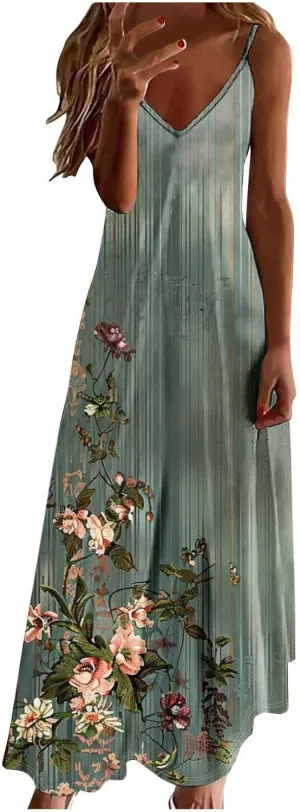 Women Floral Spaghetti Strap Sundress 2025 Spring Summer Spaghetti Straps V-Neck Plus Size Loose Casual Maxi Dress