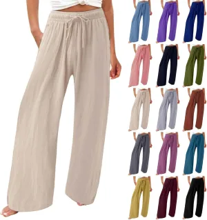 Women Flowy Linen Palazzo Pants Drawstring Elastic Waist Wide Leg Trousers Summer Beach Loose Fit Slacks with Pockets
