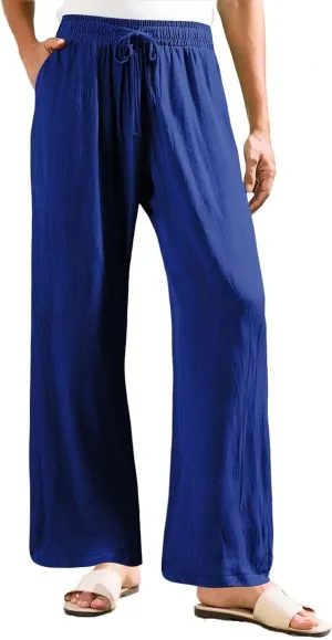 Women Flowy Linen Palazzo Pants Drawstring Elastic Waist Wide Leg Trousers Summer Beach Loose Fit Slacks with Pockets