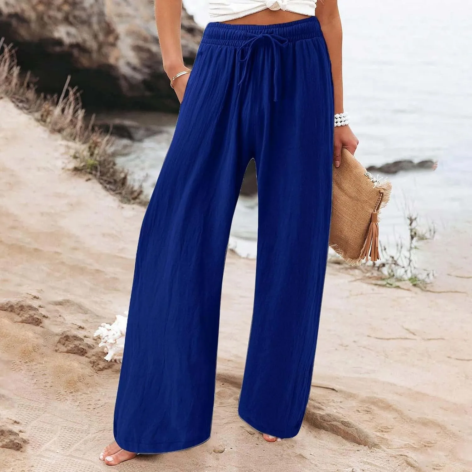 Women Flowy Linen Palazzo Pants Drawstring Elastic Waist Wide Leg Trousers Summer Beach Loose Fit Slacks with Pockets