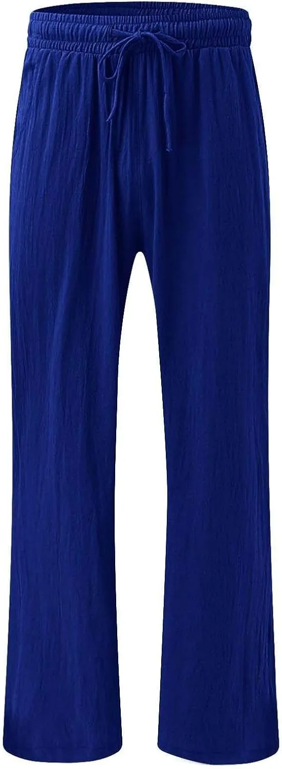 Women Flowy Linen Palazzo Pants Drawstring Elastic Waist Wide Leg Trousers Summer Beach Loose Fit Slacks with Pockets