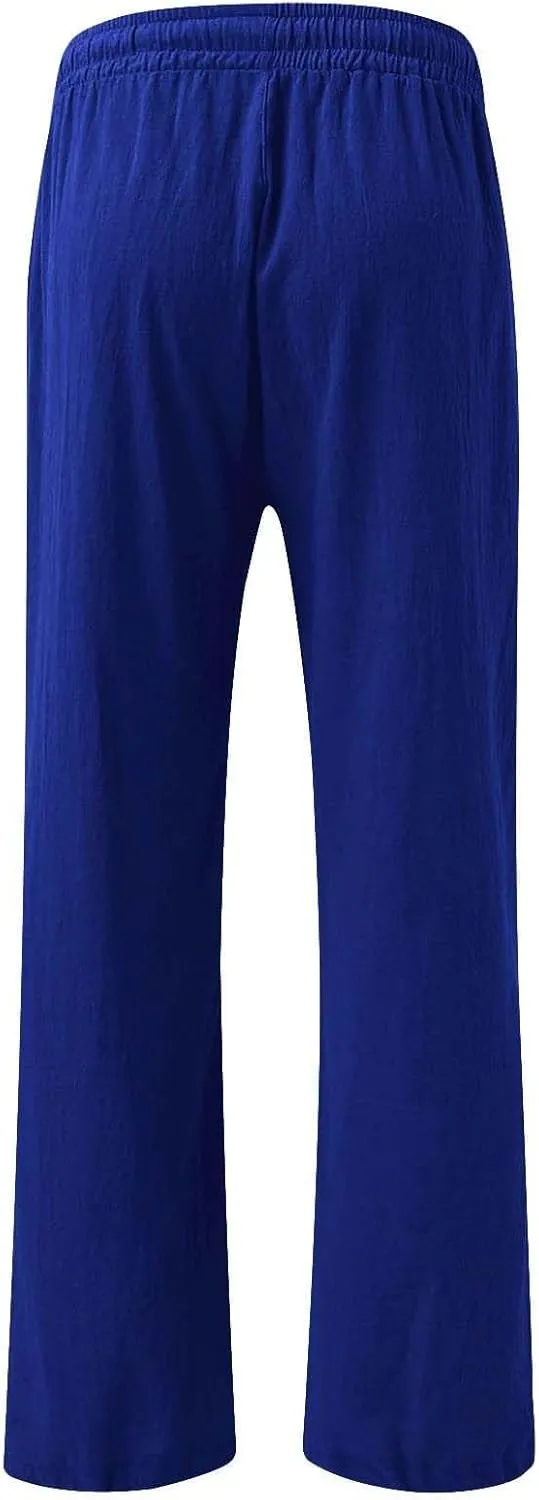 Women Flowy Linen Palazzo Pants Drawstring Elastic Waist Wide Leg Trousers Summer Beach Loose Fit Slacks with Pockets