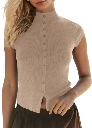 Women Lightweight Mock Neck Button Down Open Front Cardigan Sweater Top Solid Cap Sleeve Slim Fit Knit Tee Shirts