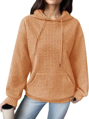 Women Oversized Hoodies Casual Basic Waffle Long Sleeve Pullover Top Solid Hooded Sweatshirt with Pocket