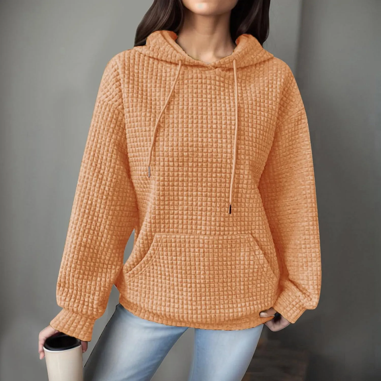Women Oversized Hoodies Casual Basic Waffle Long Sleeve Pullover Top Solid Hooded Sweatshirt with Pocket
