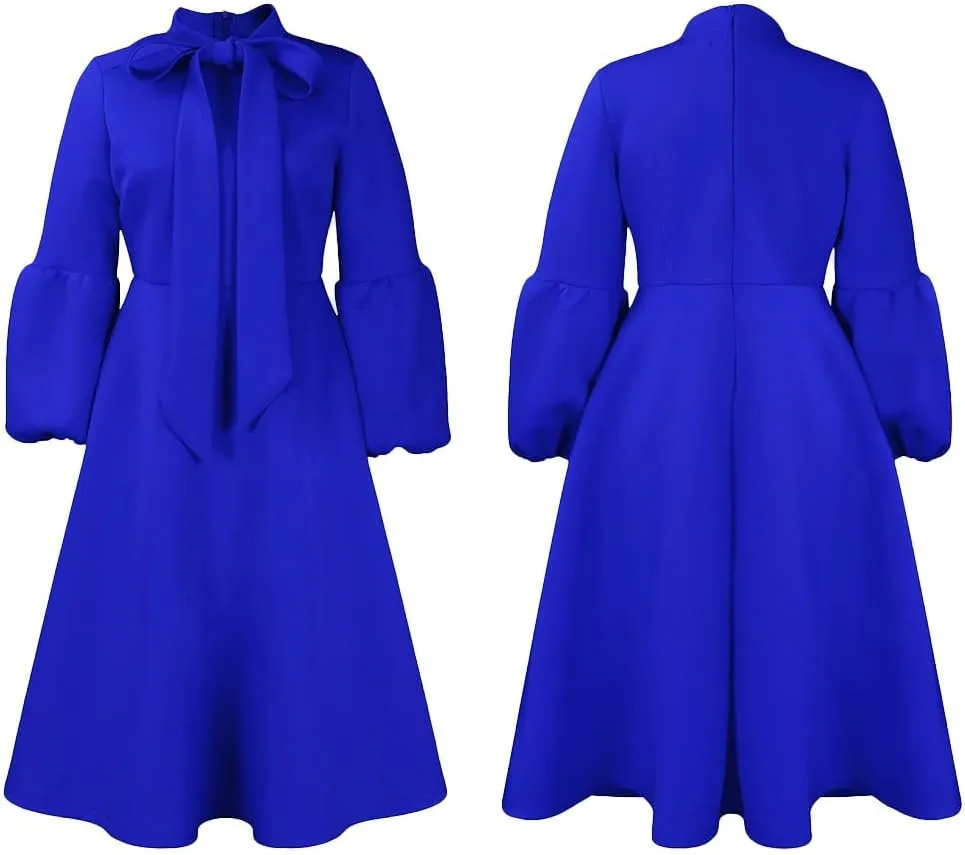 Women Plus Size Elegant Bowtie Neck Cocktail Maxi Dress Lantern Long Sleeves High Waist A-Line Big Swing African Dress