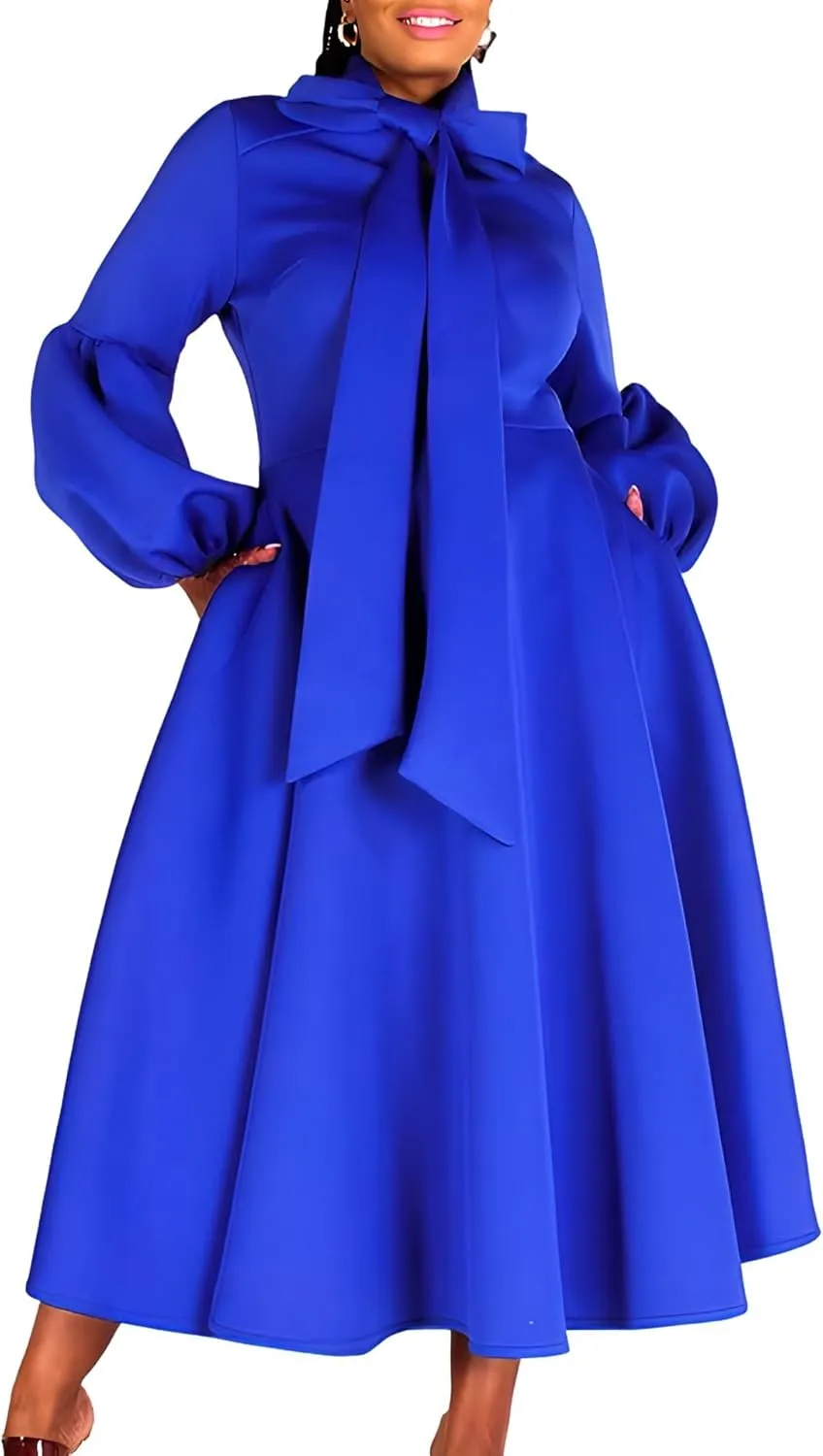 Women Plus Size Elegant Bowtie Neck Cocktail Maxi Dress Lantern Long Sleeves High Waist A-Line Big Swing African Dress