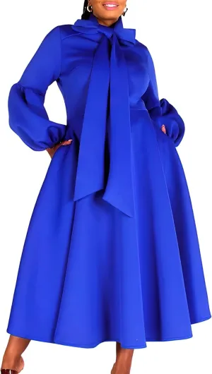 Women Plus Size Elegant Bowtie Neck Cocktail Maxi Dress Lantern Long Sleeves High Waist A-Line Big Swing African Dress