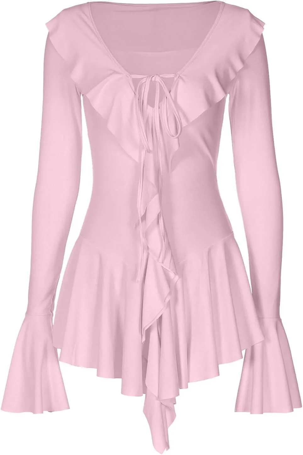 Women Sexy V Neck Tie Front Ruffle Mini Dress Autumn Long Sleeve Casual Slim Fit Solid Ruched Women Dresses Knee