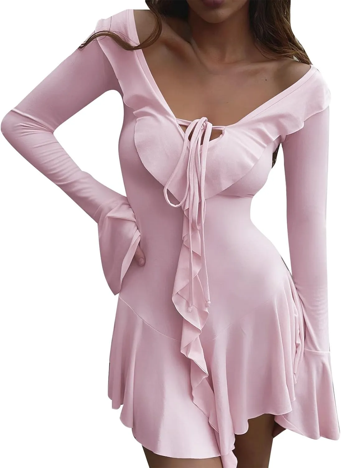 Women Sexy V Neck Tie Front Ruffle Mini Dress Autumn Long Sleeve Casual Slim Fit Solid Ruched Women Dresses Knee