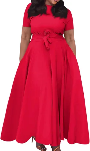 Women Spring High Waist Short Sleeve Casual Solid Color Round Neck Drawstring Swing Big Hem Maxi Dresses, XL-5XL
