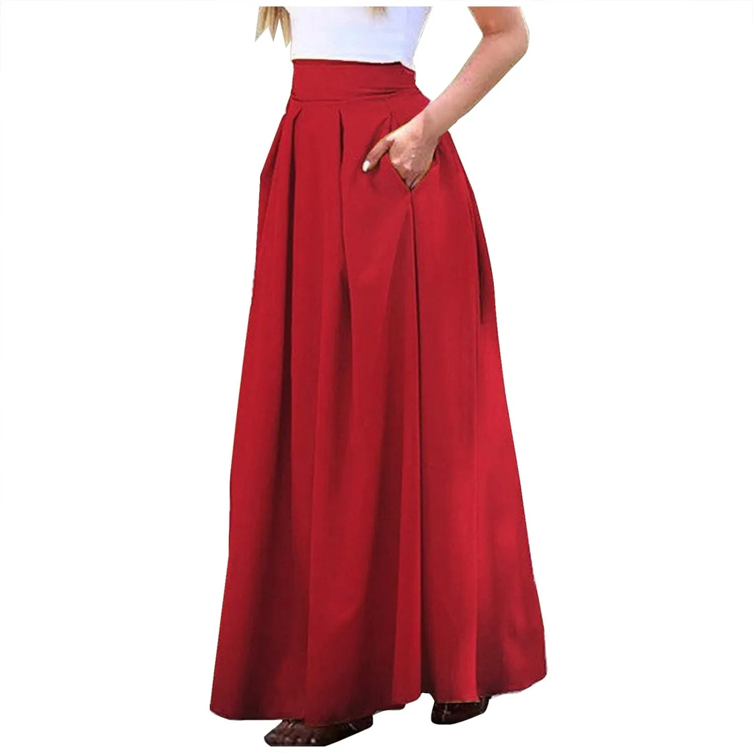 Women Spring Summer Pleated Maxi Skirt Elastic High Waisted A-Line Long Casual Loose Flowy Swing Skirt with Pockets