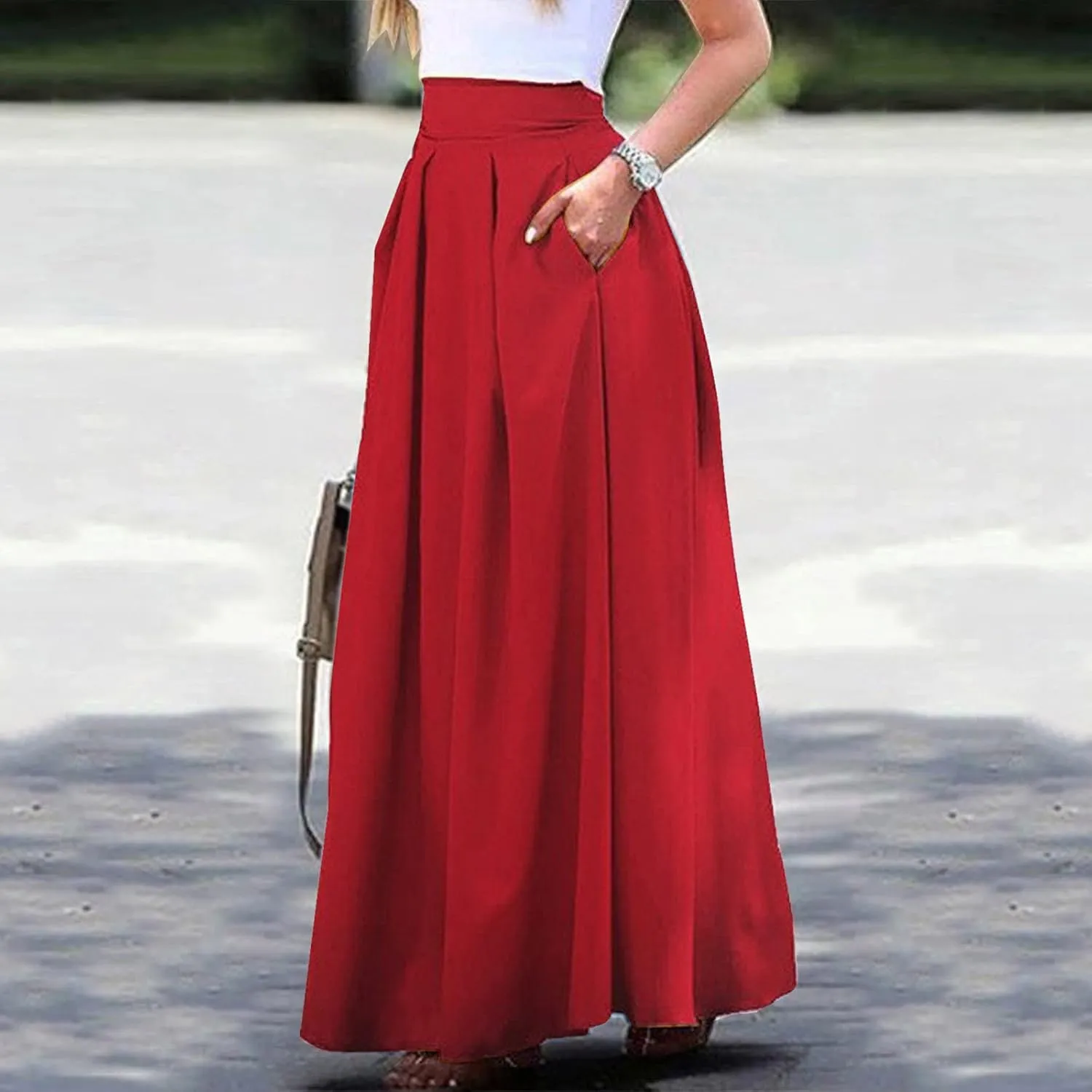 Women Spring Summer Pleated Maxi Skirt Elastic High Waisted A-Line Long Casual Loose Flowy Swing Skirt with Pockets