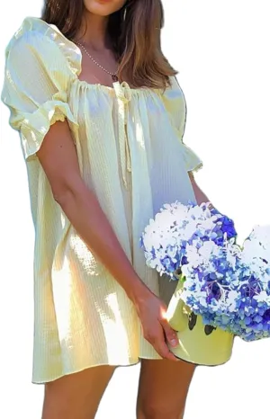 Women Square Neck Summer Mini Dress Puff Sleeve Bow Tie Babydoll Dress Loose Floral Flowy Sundress