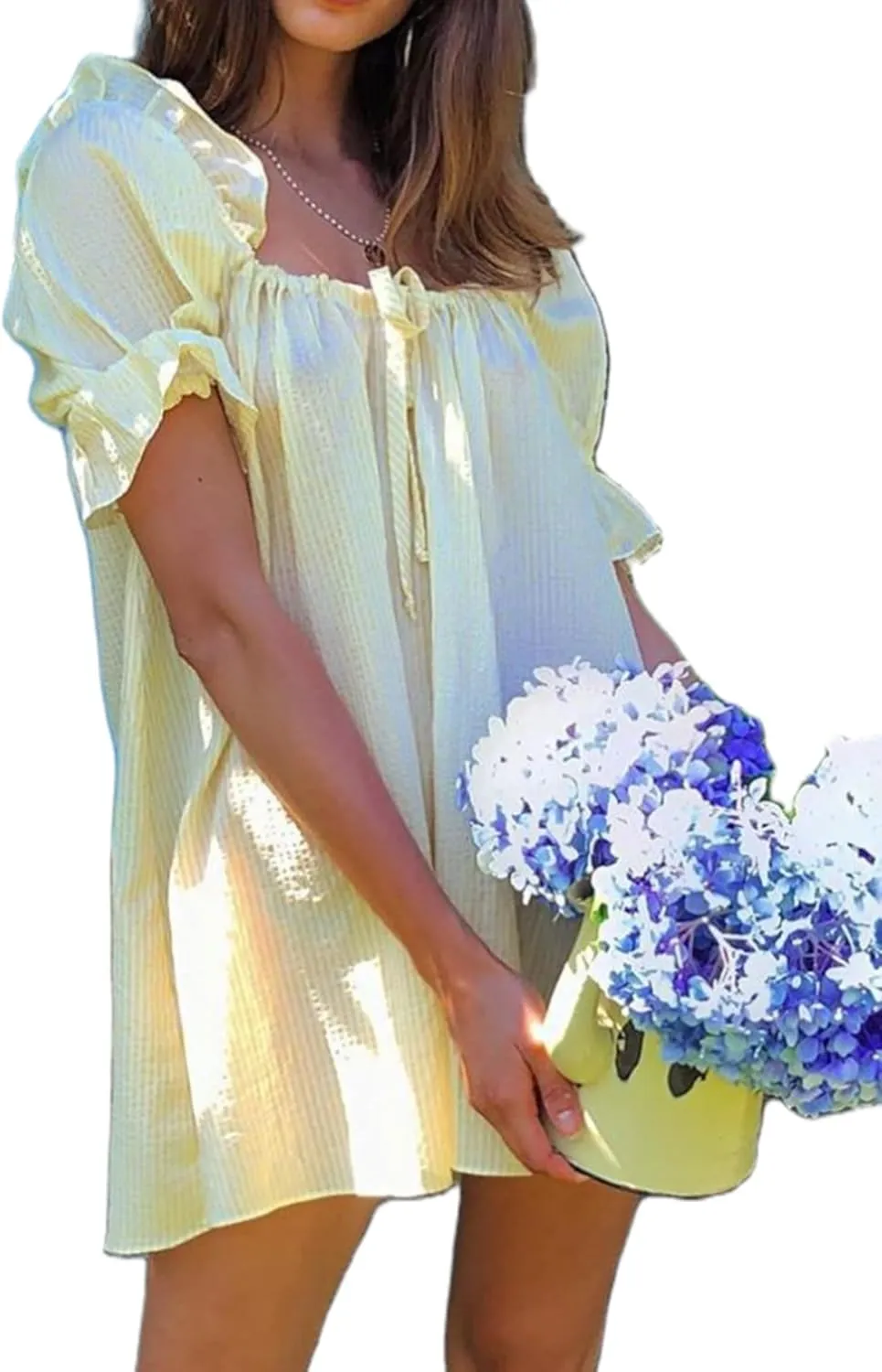 Women Square Neck Summer Mini Dress Puff Sleeve Bow Tie Babydoll Dress Loose Floral Flowy Sundress