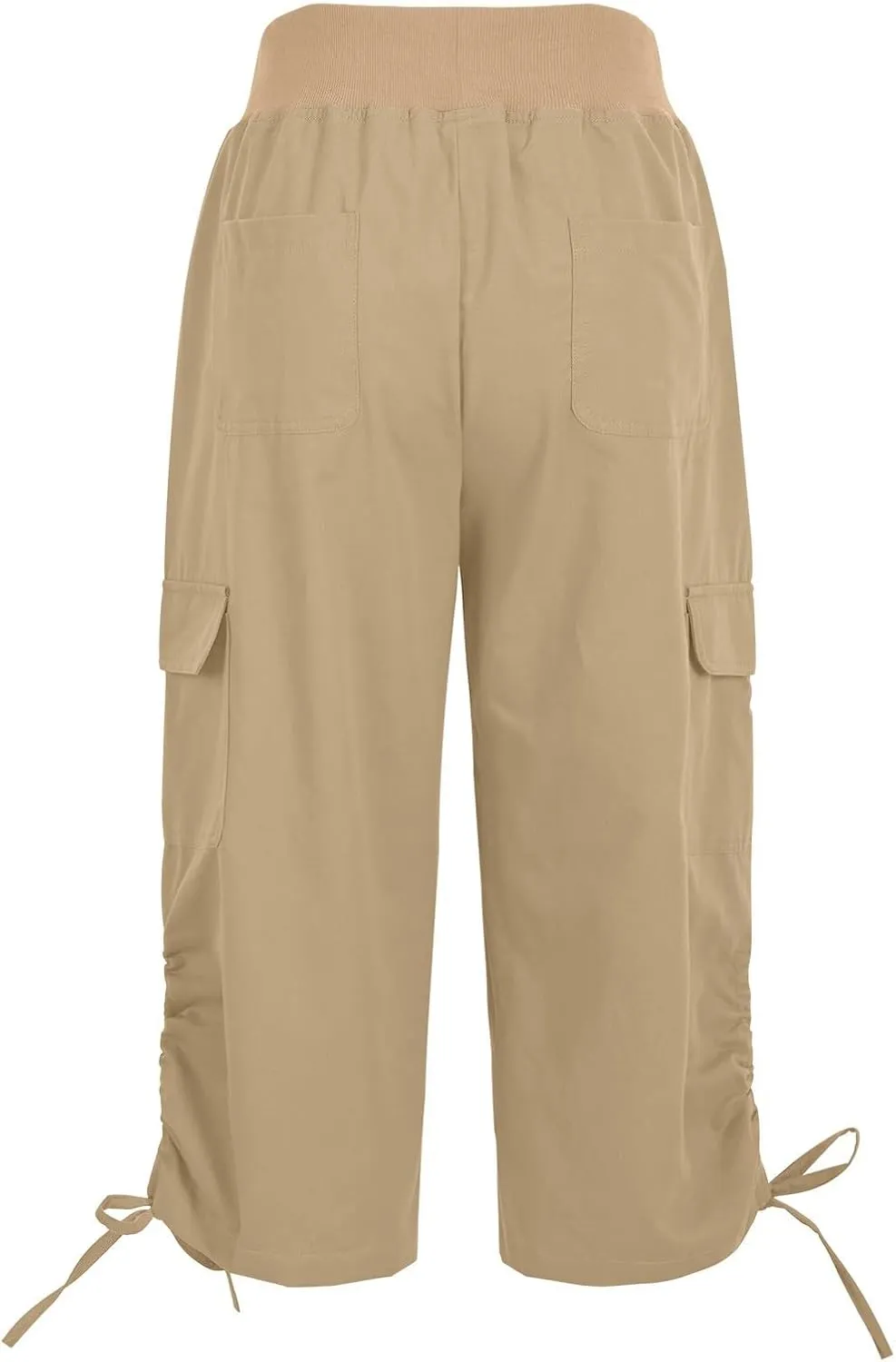 Women Straight Leg Cargo Capri Pant Summer Lace-Up Ruched Side Hiking Pants Elastic High Waist Casual Crop Travel Trousers