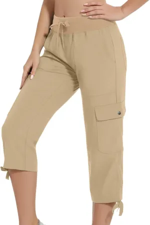 Women Straight Leg Cargo Capri Pant Summer Lace-Up Ruched Side Hiking Pants Elastic High Waist Casual Crop Travel Trousers