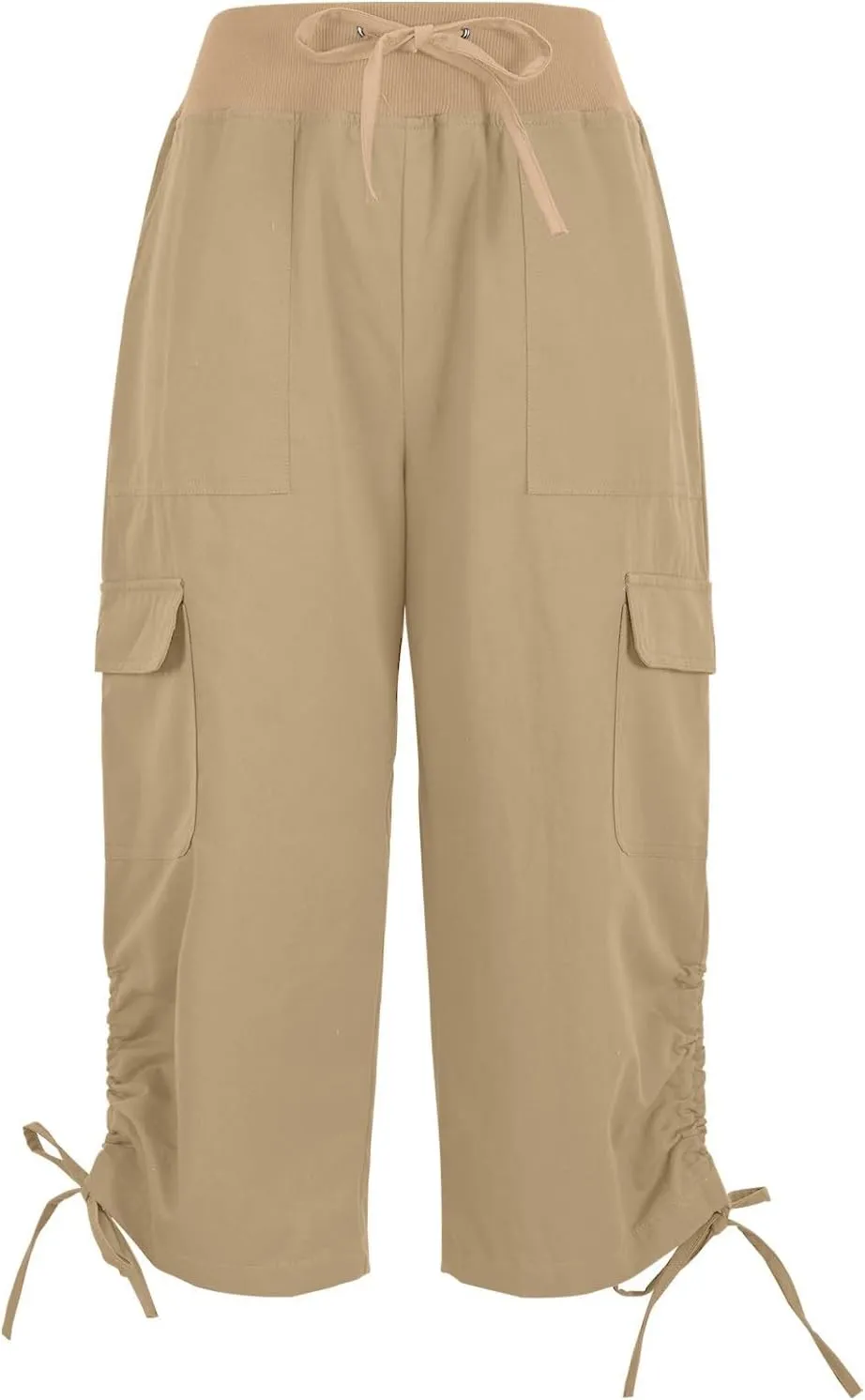 Women Straight Leg Cargo Capri Pant Summer Lace-Up Ruched Side Hiking Pants Elastic High Waist Casual Crop Travel Trousers