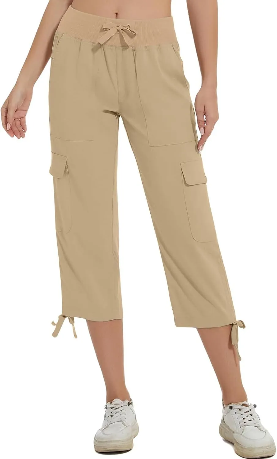 Women Straight Leg Cargo Capri Pant Summer Lace-Up Ruched Side Hiking Pants Elastic High Waist Casual Crop Travel Trousers