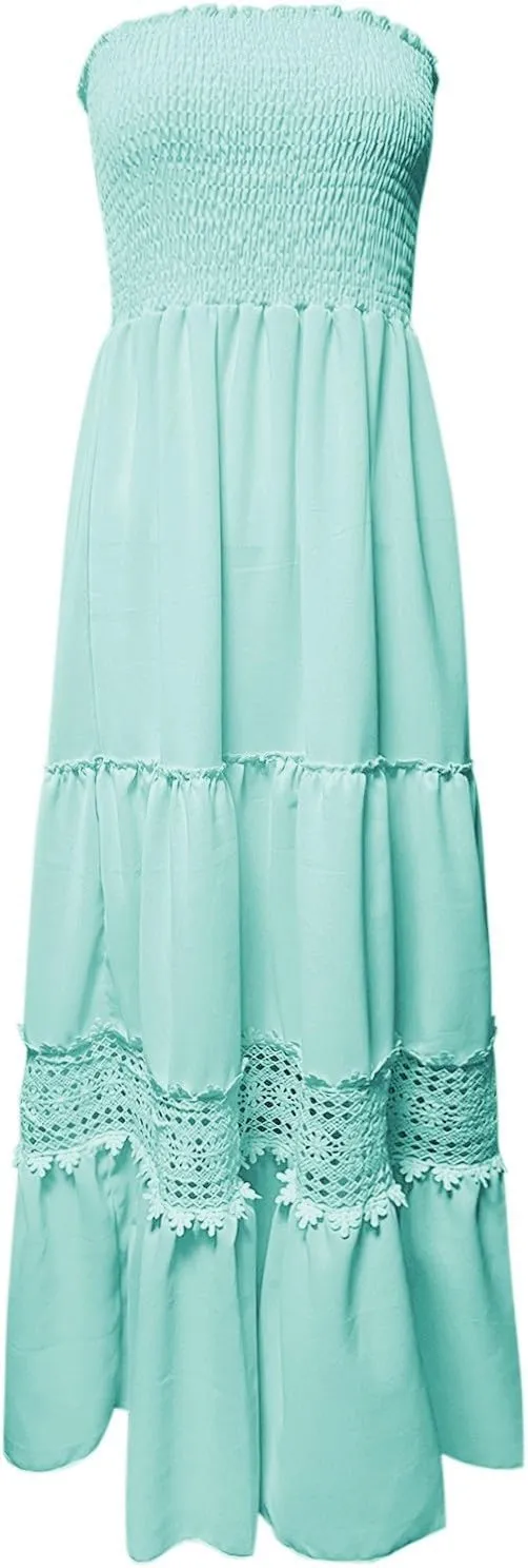 Women Strapless Boho Summer Maxi Dresses Backless Off Shoulder Lace Trim Flowy Swing Casual Long Dress Beach Sundress
