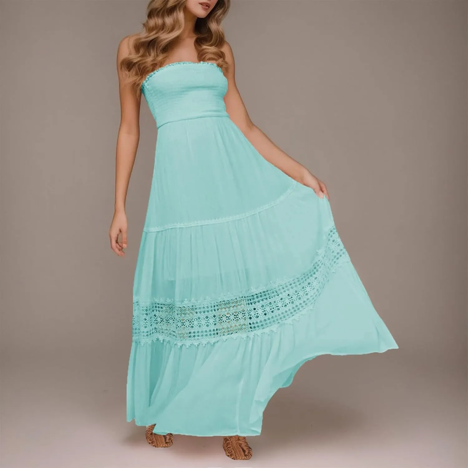 Women Strapless Boho Summer Maxi Dresses Backless Off Shoulder Lace Trim Flowy Swing Casual Long Dress Beach Sundress