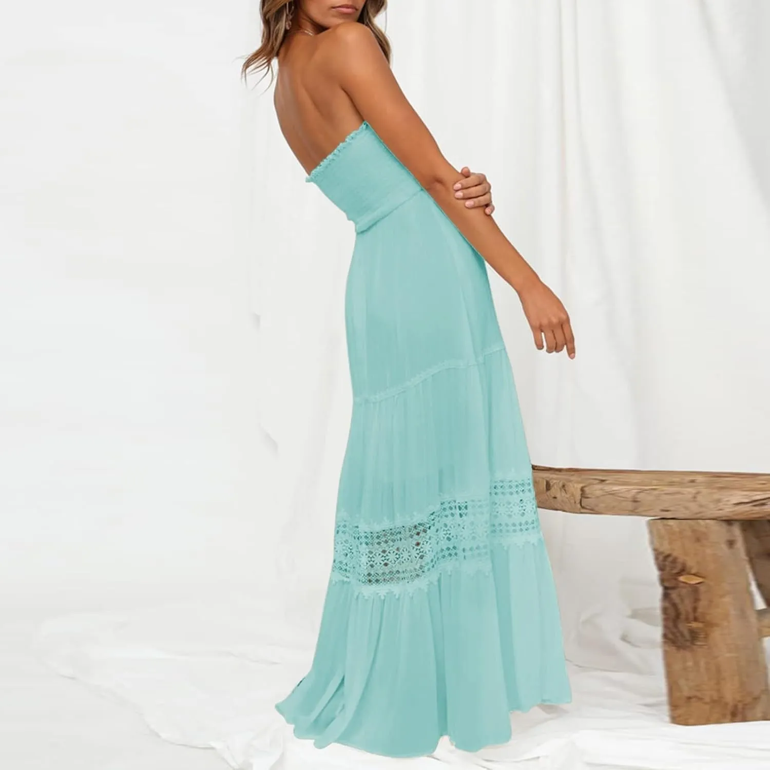 Women Strapless Boho Summer Maxi Dresses Backless Off Shoulder Lace Trim Flowy Swing Casual Long Dress Beach Sundress