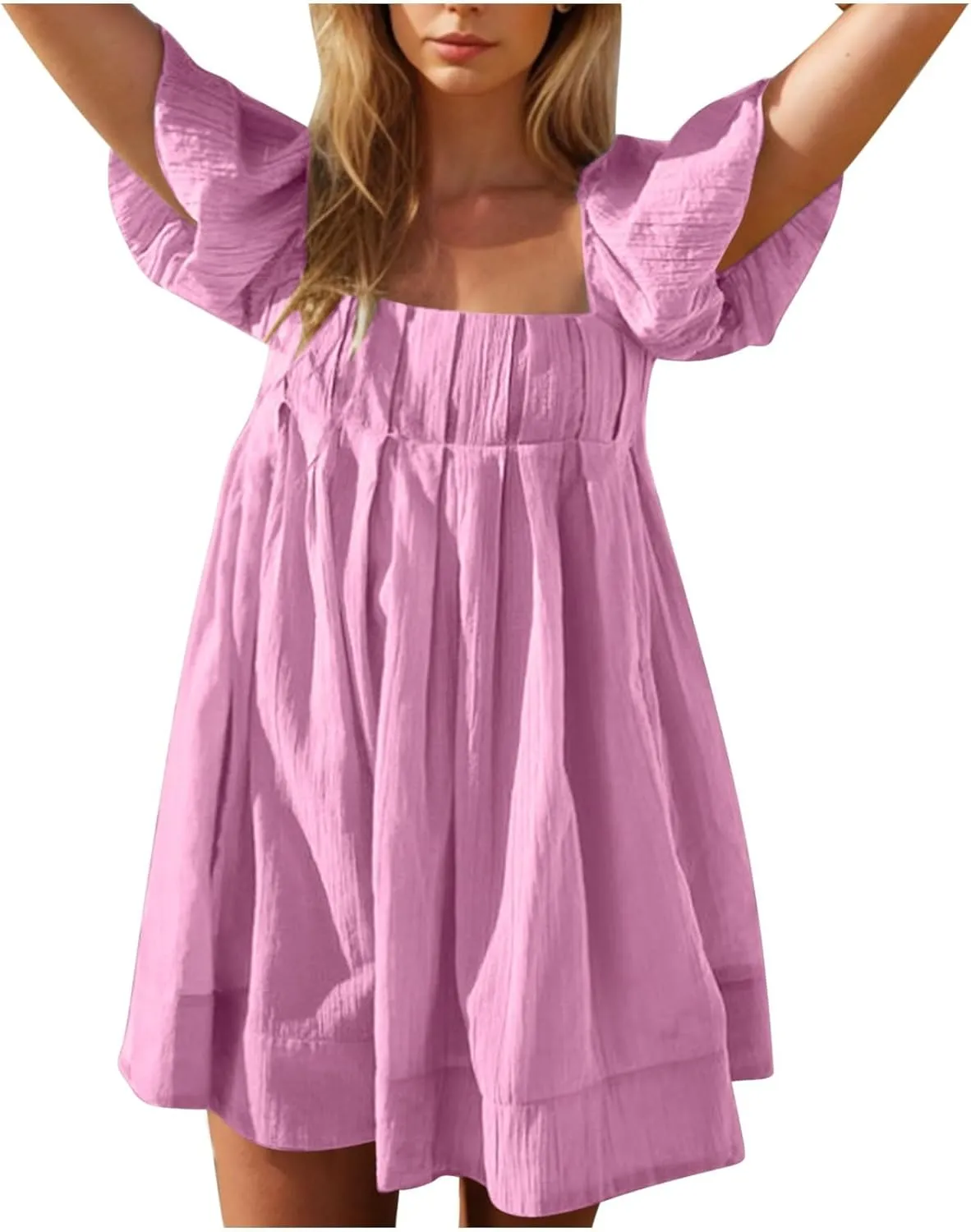 Women Summer Babydoll Dresses Flowy Mini Dress Square Neck Front Pleated Sundresses Back Tie Ruffle Aline Short Dress