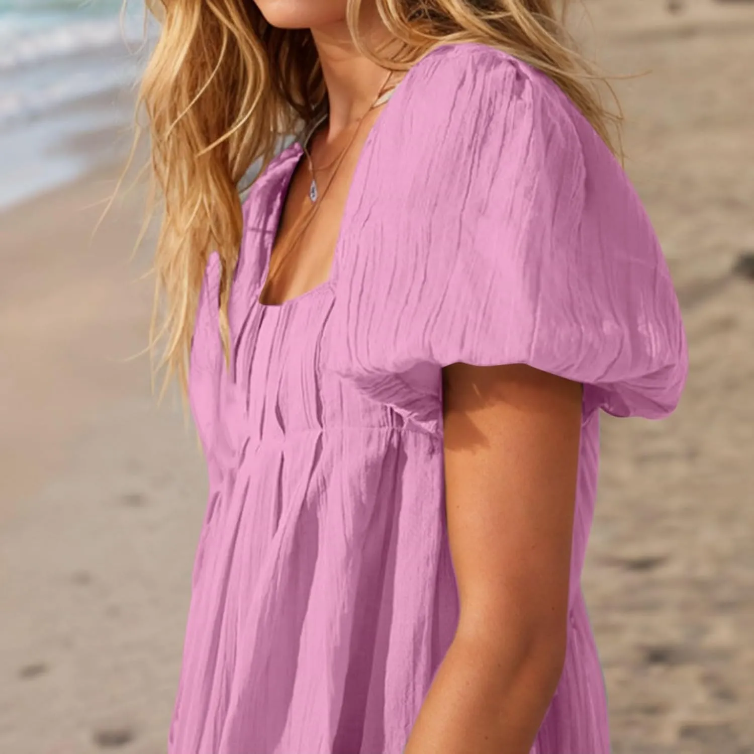 Women Summer Babydoll Dresses Flowy Mini Dress Square Neck Front Pleated Sundresses Back Tie Ruffle Aline Short Dress