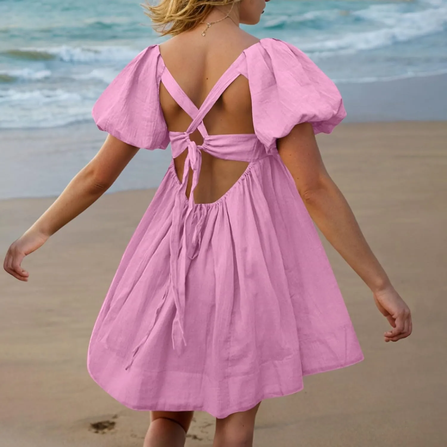 Women Summer Babydoll Dresses Flowy Mini Dress Square Neck Front Pleated Sundresses Back Tie Ruffle Aline Short Dress