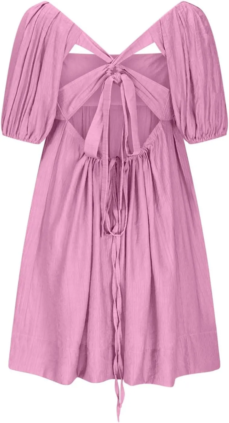 Women Summer Babydoll Dresses Flowy Mini Dress Square Neck Front Pleated Sundresses Back Tie Ruffle Aline Short Dress