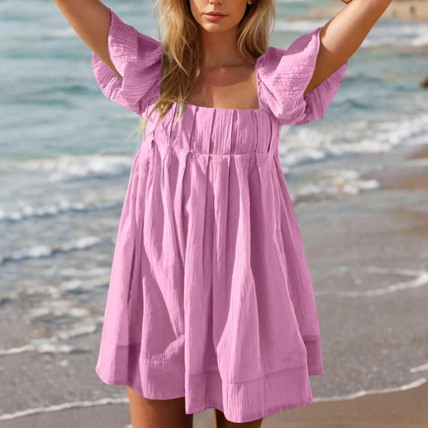 Women Summer Babydoll Dresses Flowy Mini Dress Square Neck Front Pleated Sundresses Back Tie Ruffle Aline Short Dress