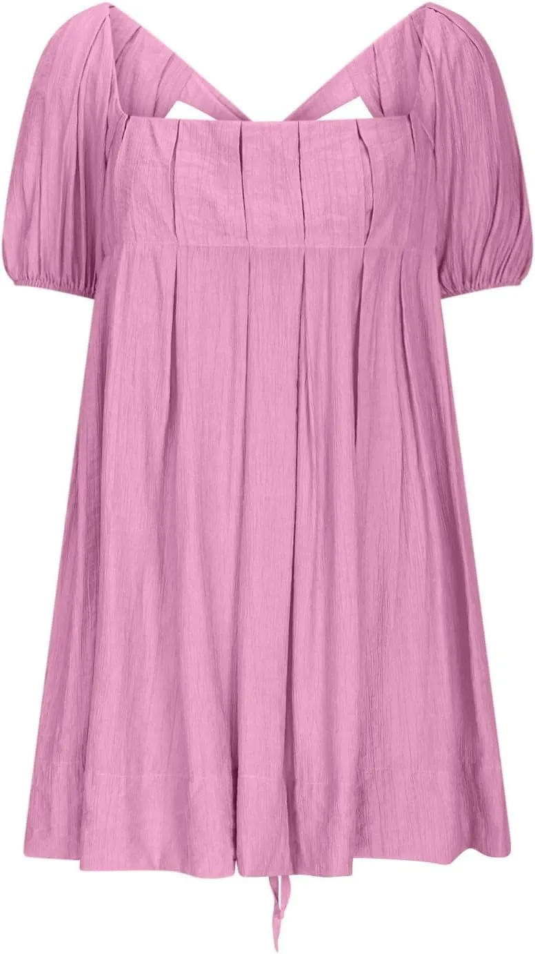 Women Summer Babydoll Dresses Flowy Mini Dress Square Neck Front Pleated Sundresses Back Tie Ruffle Aline Short Dress