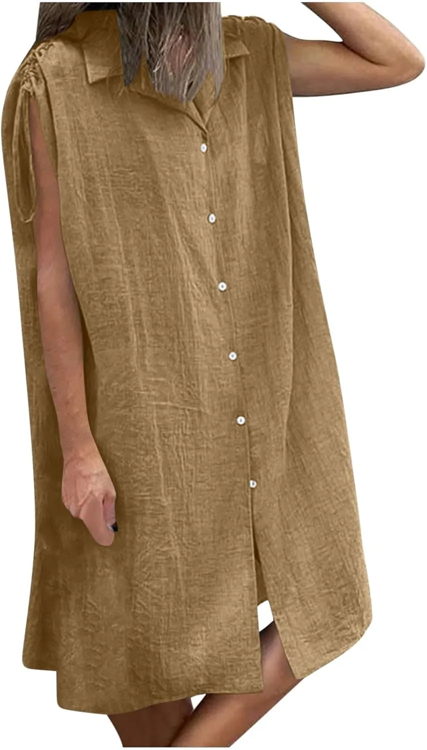 Women Summer Casual Loose Button Down Shirt Dress Tie Short Sleeve V Neck Lapel Collar Mini Dresses Beach Cover Ups
