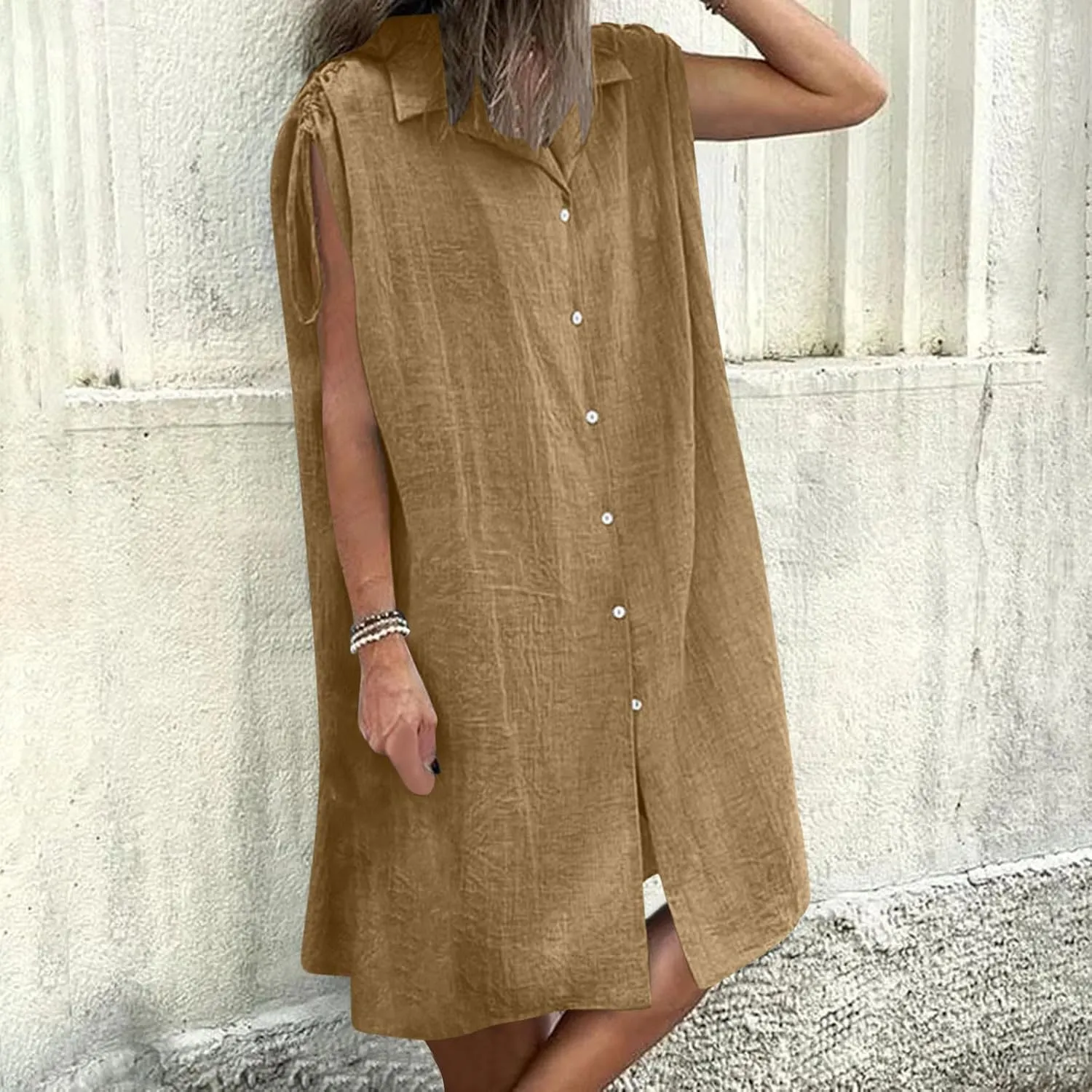 Women Summer Casual Loose Button Down Shirt Dress Tie Short Sleeve V Neck Lapel Collar Mini Dresses Beach Cover Ups