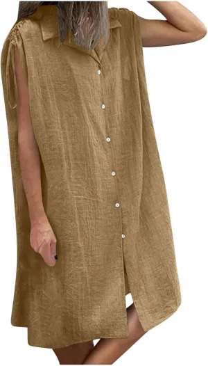 Women Summer Casual Loose Button Down Shirt Dress Tie Short Sleeve V Neck Lapel Collar Mini Dresses Beach Cover Ups