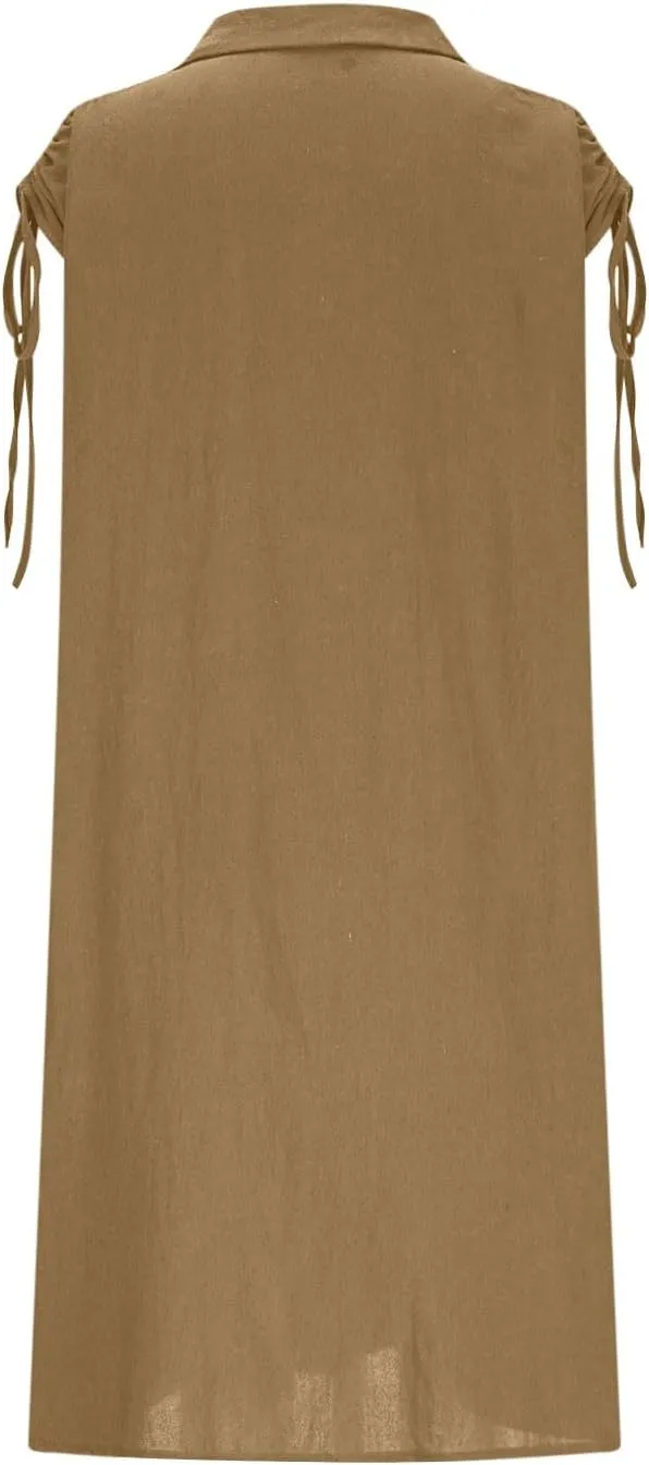 Women Summer Casual Loose Button Down Shirt Dress Tie Short Sleeve V Neck Lapel Collar Mini Dresses Beach Cover Ups