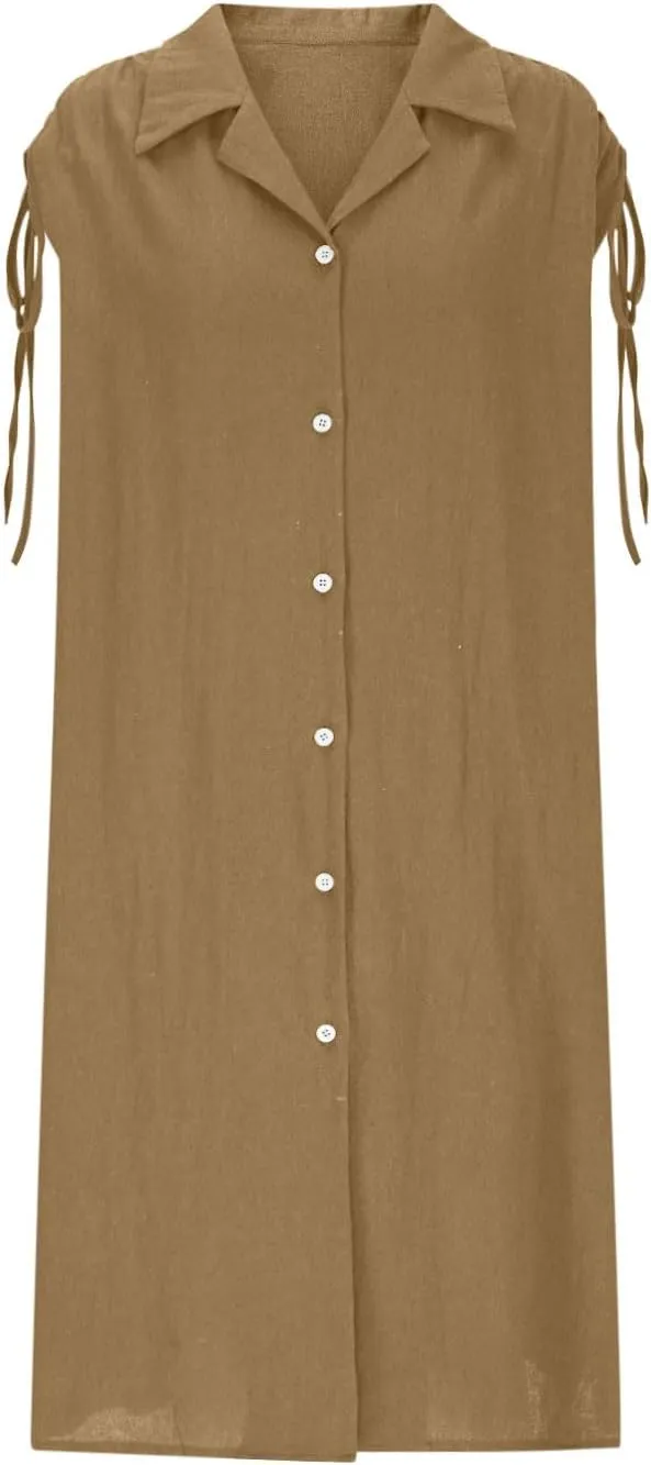 Women Summer Casual Loose Button Down Shirt Dress Tie Short Sleeve V Neck Lapel Collar Mini Dresses Beach Cover Ups