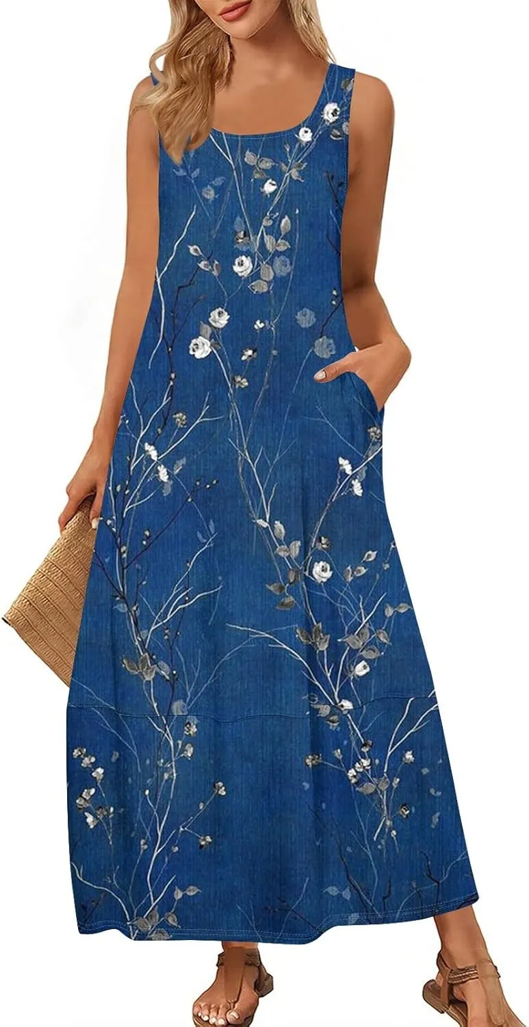Women Summer Dresses 2025 Casual Round Neck Maxi Dress Sleeveless Floral Sundresses Beach Loose Tank Dress with Pockets