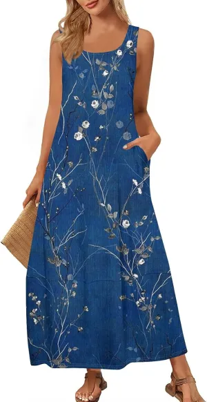 Women Summer Dresses 2025 Casual Round Neck Maxi Dress Sleeveless Floral Sundresses Beach Loose Tank Dress with Pockets