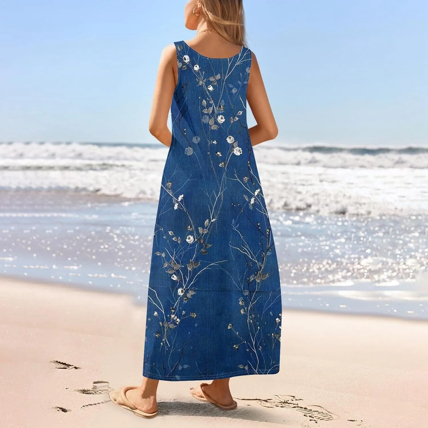Women Summer Dresses 2025 Casual Round Neck Maxi Dress Sleeveless Floral Sundresses Beach Loose Tank Dress with Pockets