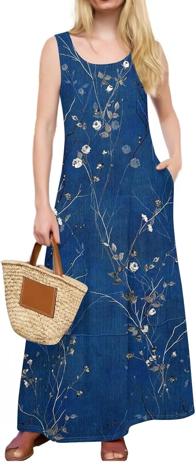 Women Summer Dresses 2025 Casual Round Neck Maxi Dress Sleeveless Floral Sundresses Beach Loose Tank Dress with Pockets