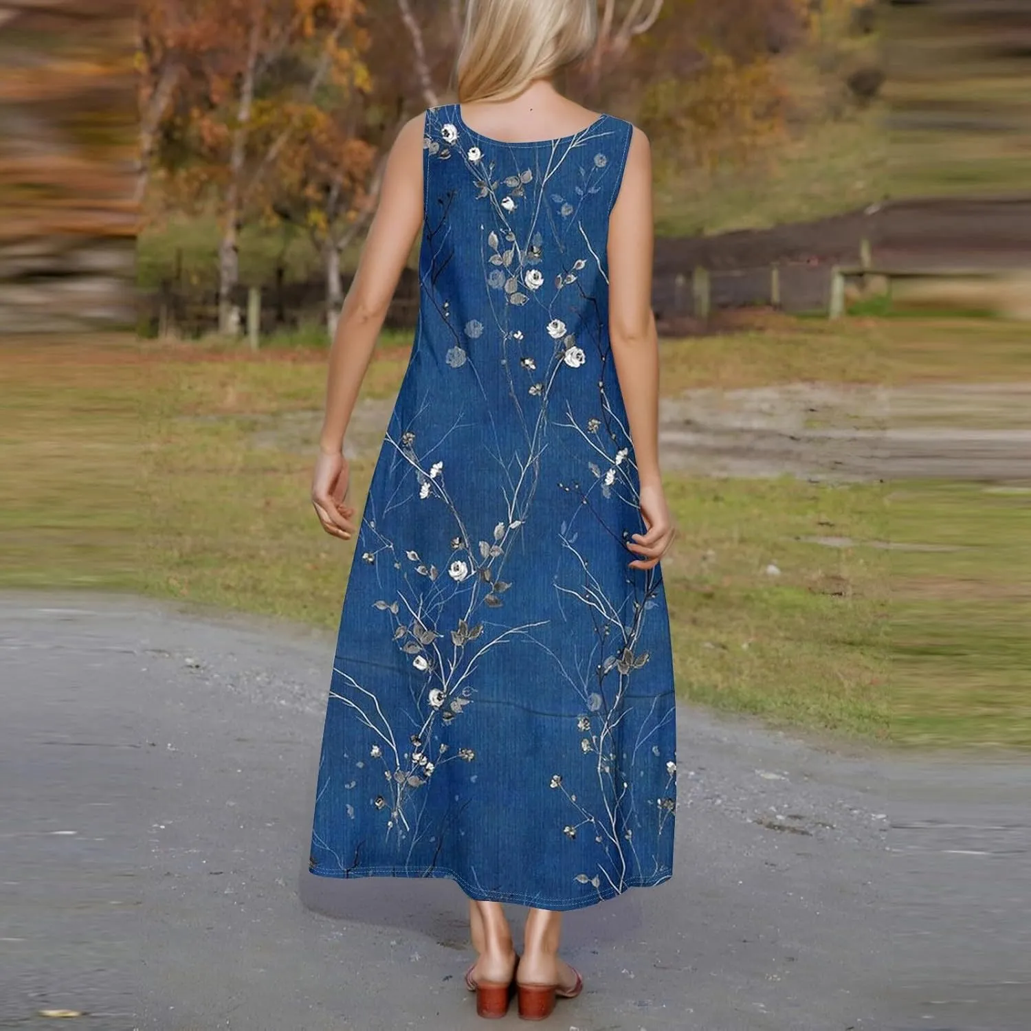 Women Summer Dresses 2025 Casual Round Neck Maxi Dress Sleeveless Floral Sundresses Beach Loose Tank Dress with Pockets
