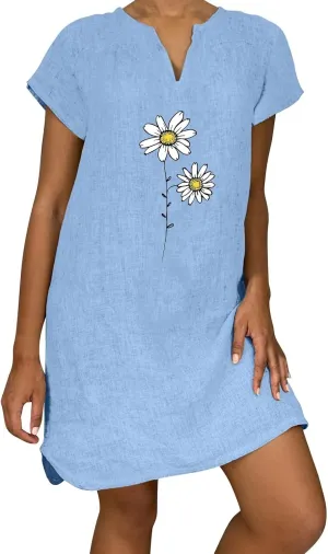 Women Summer Shirt Dress Short Sleeve Floral Printed Mini Dresses Casual Loose Cotton Linen Beach Vacation Sundress