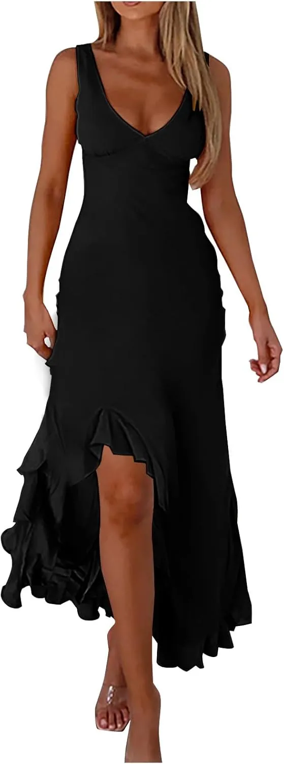 Women Summer Trendy Maxi Dresses Sleeveless Fit Flare Dress Hide Tummy Wrap V-Neck Ruffle Mesh Hem Long Sundress Elegant