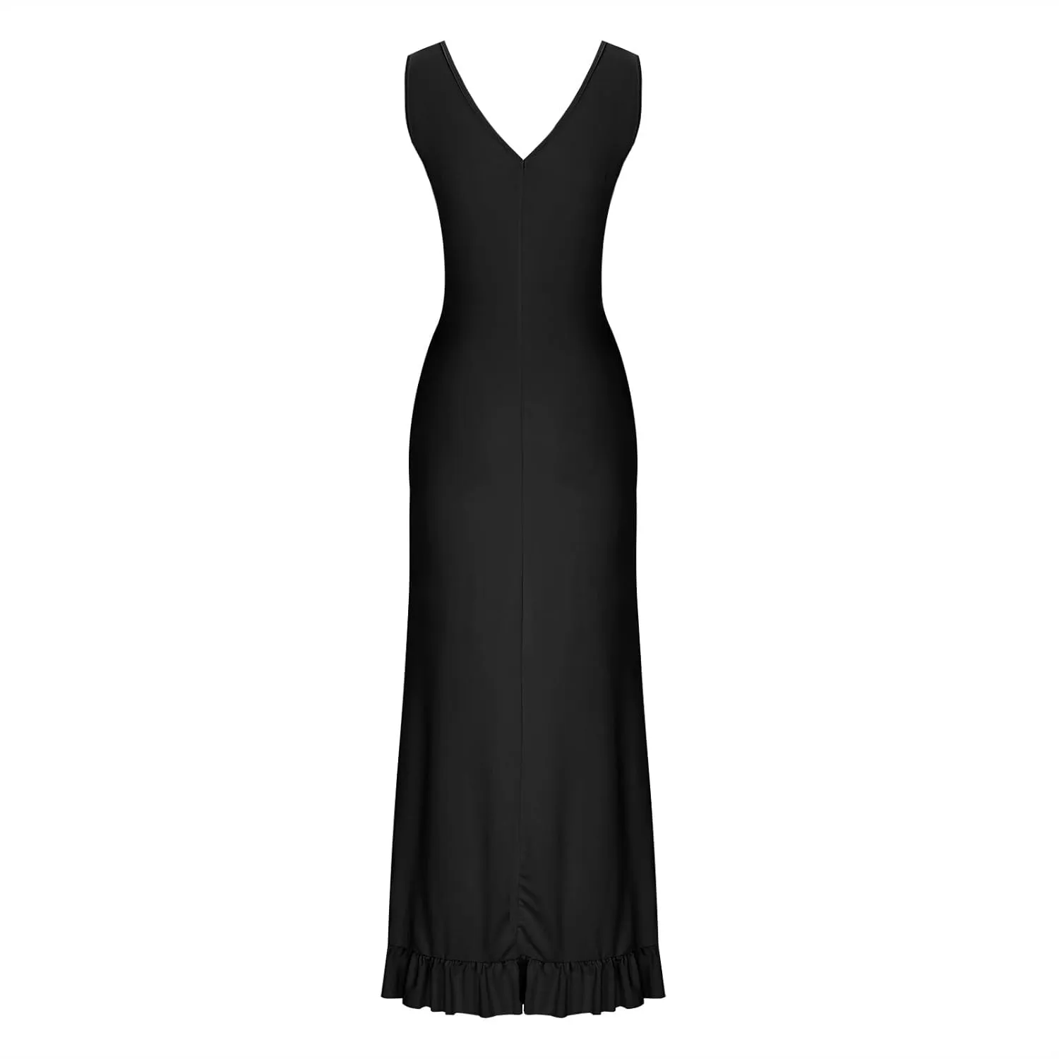 Women Summer Trendy Maxi Dresses Sleeveless Fit Flare Dress Hide Tummy Wrap V-Neck Ruffle Mesh Hem Long Sundress Elegant