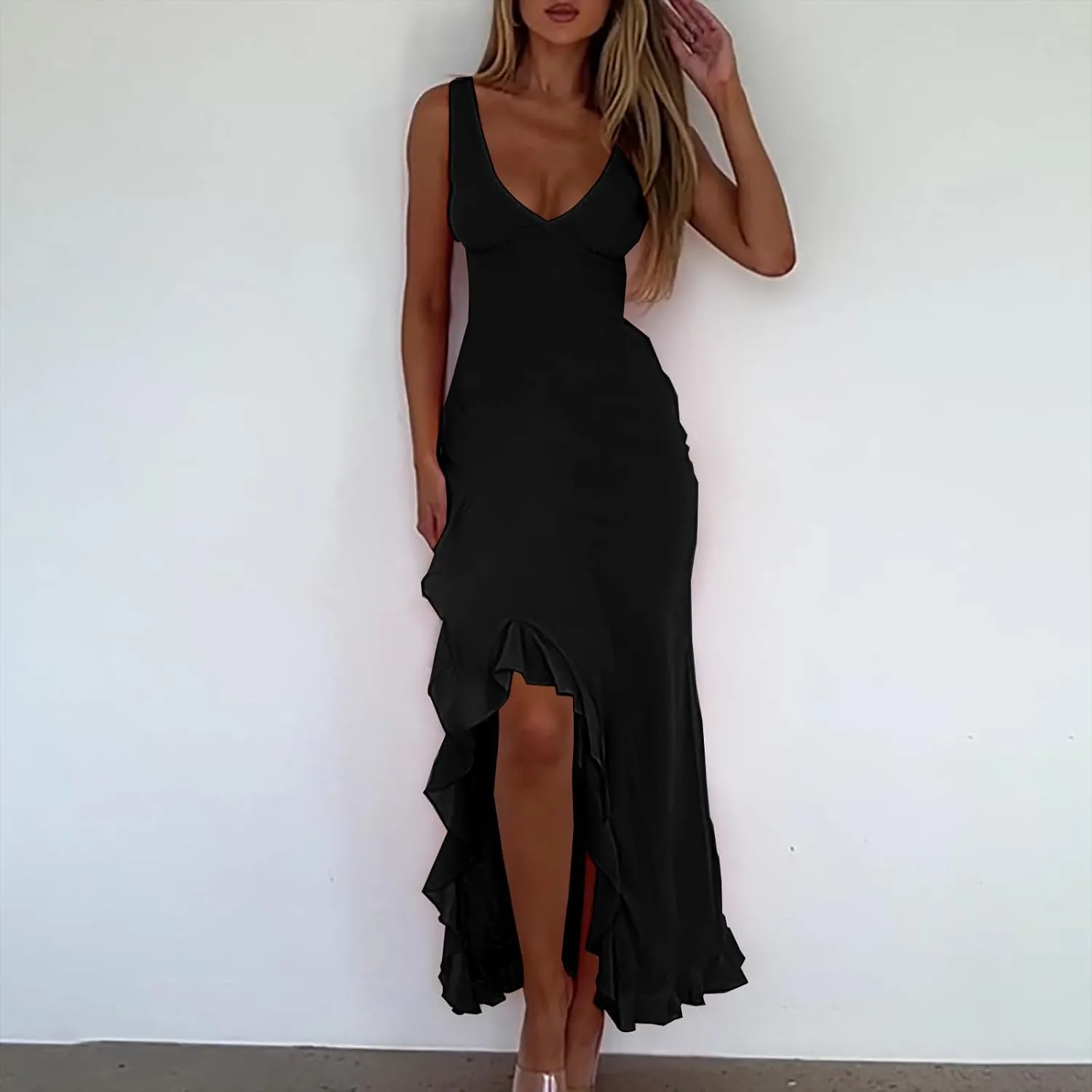 Women Summer Trendy Maxi Dresses Sleeveless Fit Flare Dress Hide Tummy Wrap V-Neck Ruffle Mesh Hem Long Sundress Elegant
