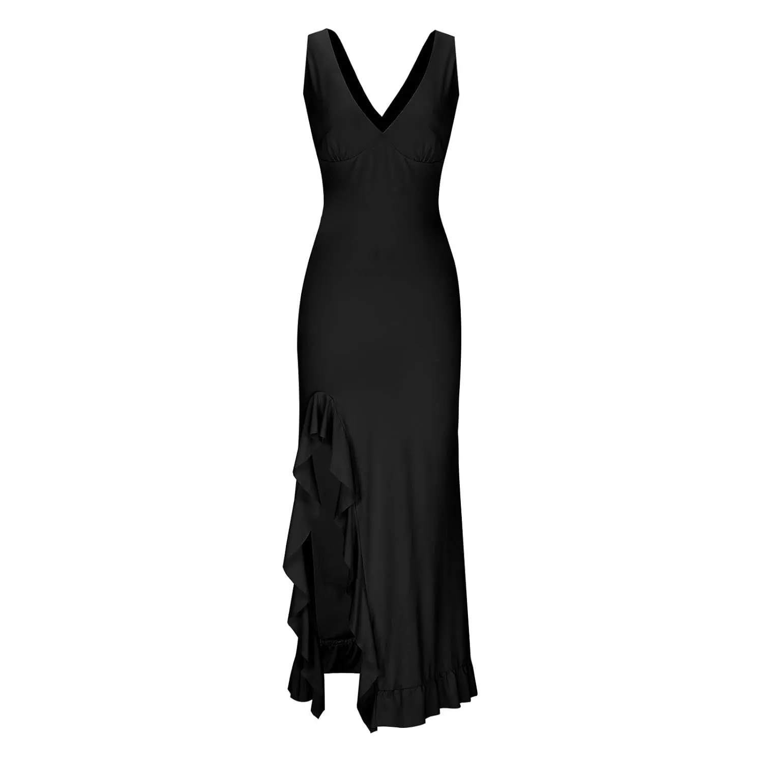 Women Summer Trendy Maxi Dresses Sleeveless Fit Flare Dress Hide Tummy Wrap V-Neck Ruffle Mesh Hem Long Sundress Elegant