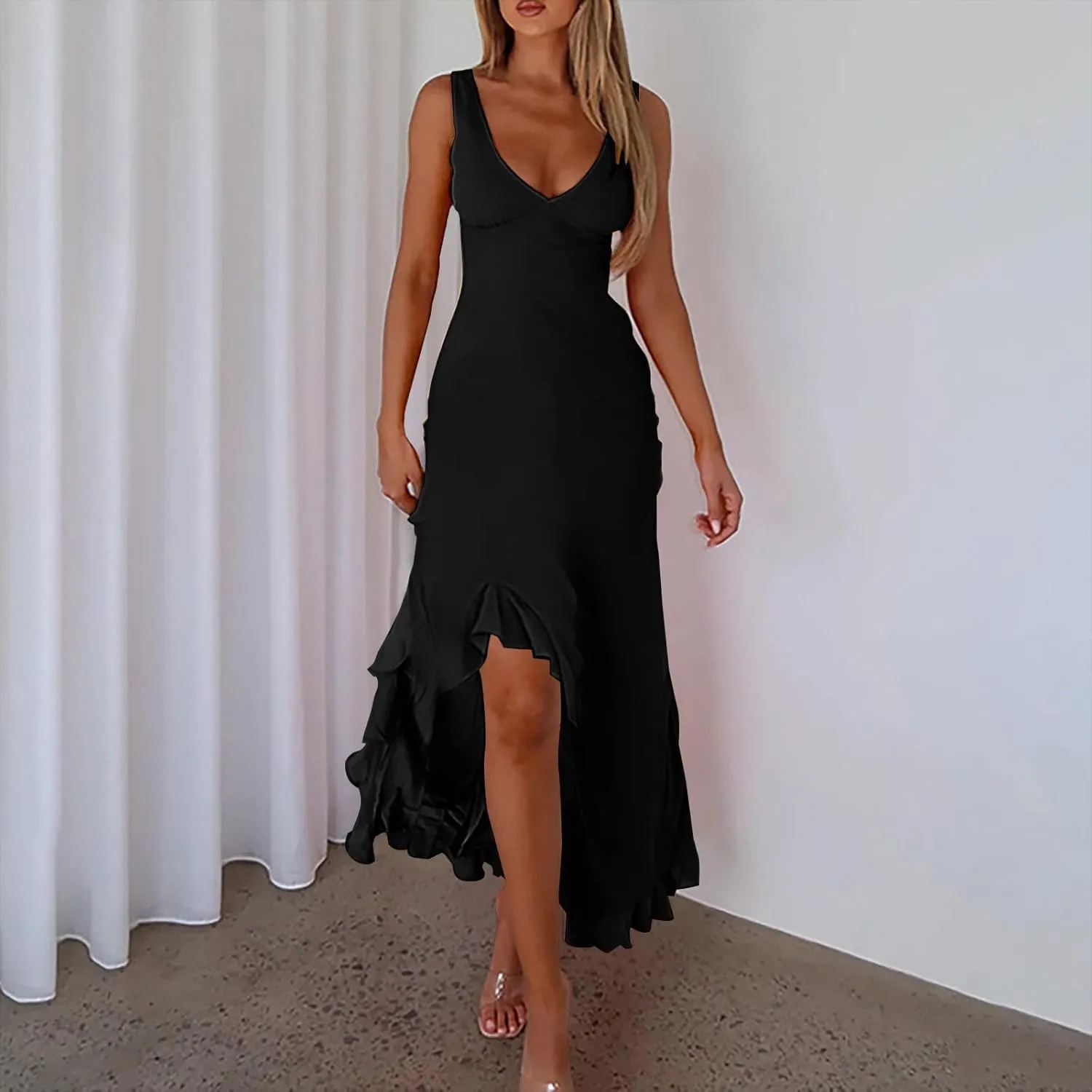 Women Summer Trendy Maxi Dresses Sleeveless Fit Flare Dress Hide Tummy Wrap V-Neck Ruffle Mesh Hem Long Sundress Elegant