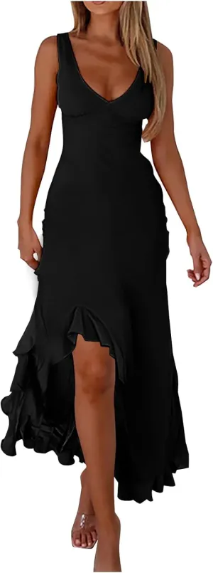 Women Summer Trendy Maxi Dresses Sleeveless Fit Flare Dress Hide Tummy Wrap V-Neck Ruffle Mesh Hem Long Sundress Elegant